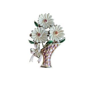 Vintage Gold Daisies Pink Gems 2” x 1” Brooch